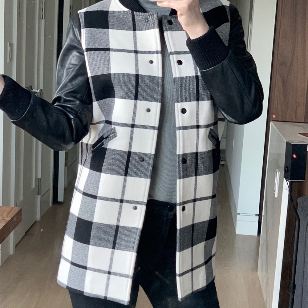 Sandro checked leather sleeve coat (size:36)